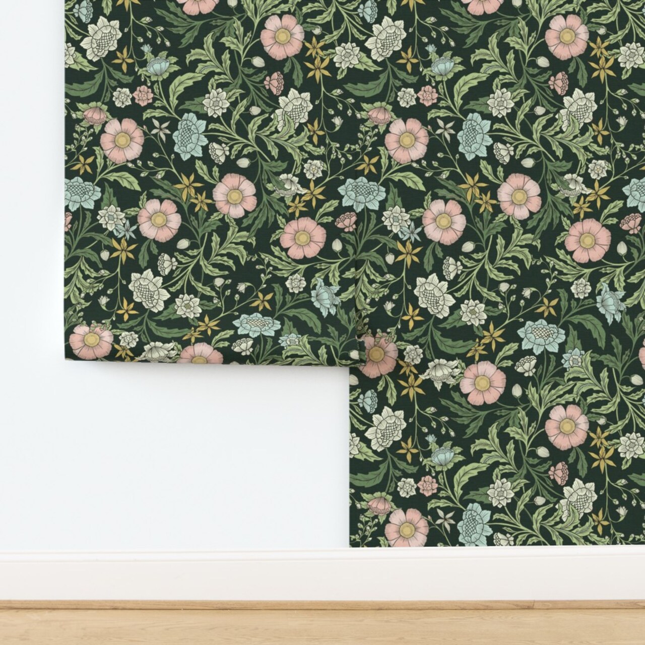 Dark Green Botanical Vines Pink Blue Flowers Moody Hand Drawn Traditional Custom Pre-pasted Wallpaper by Spoonflower Pre-Pasted Wallpaper 2FT Wide